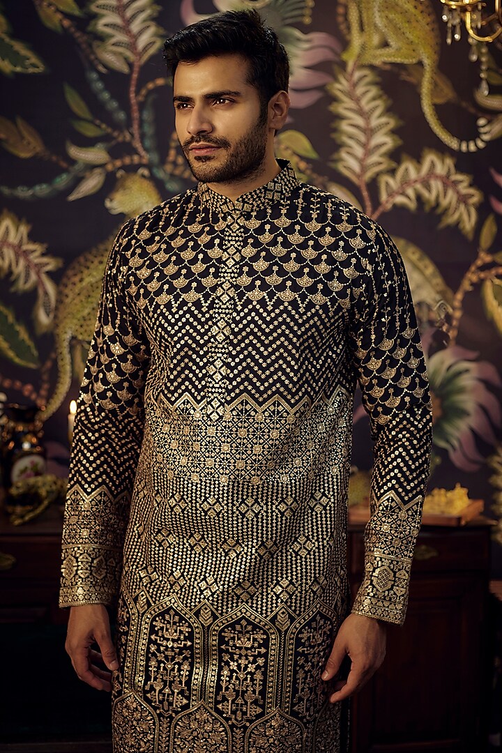 Black Georgette Sequins Work Kurta Set by Kasbah Clothing at Pernia's Pop Up Shop