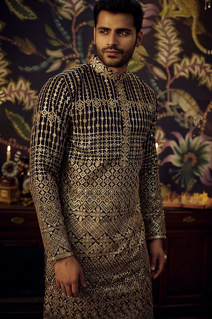 Black Georgette Sequins Embroidered Kurta Set by Kasbah Clothing at Pernia's Pop Up Shop