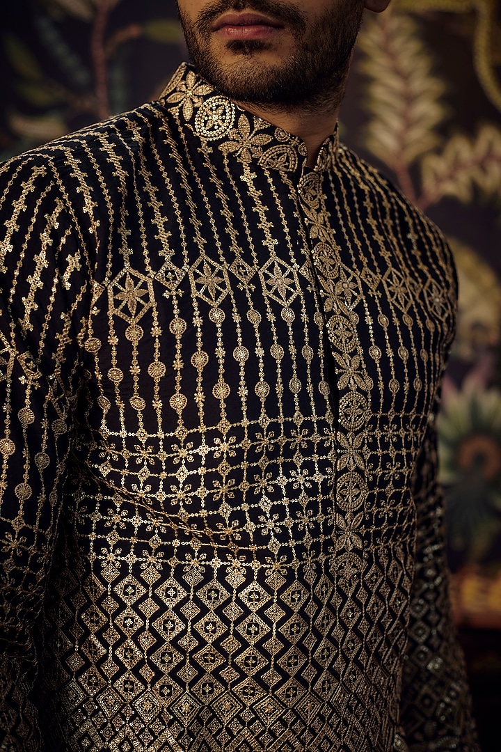 Black Georgette Sequins Embroidered Kurta Set by Kasbah Clothing at Pernia's Pop Up Shop