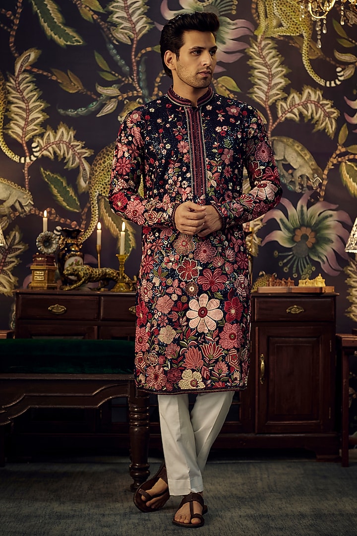 Blue Georgette Floral Embroidered Kurta Set by Kasbah Clothing at Pernia's Pop Up Shop