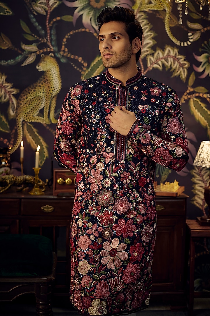 Blue Georgette Floral Embroidered Kurta Set by Kasbah Clothing at Pernia's Pop Up Shop