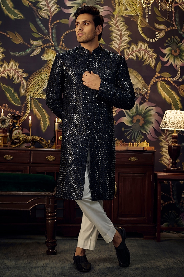 Navy Blue Silk Cutdana Embroidered Wedding Sherwani Set by Kasbah Clothing at Pernia's Pop Up Shop