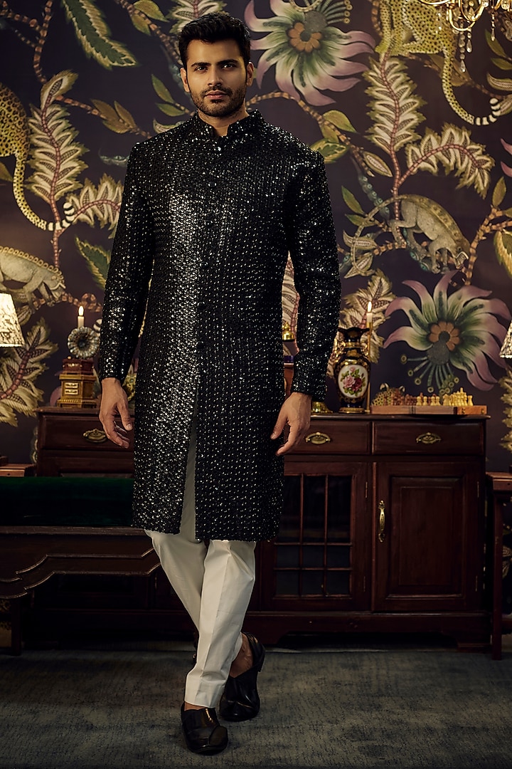 Black Silk Cutdana Work Sherwani Set by Kasbah Clothing