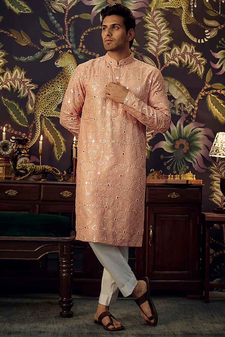 Peach Silk Mirror Work Kurta Set by Kasbah Clothing at Pernia's Pop Up Shop