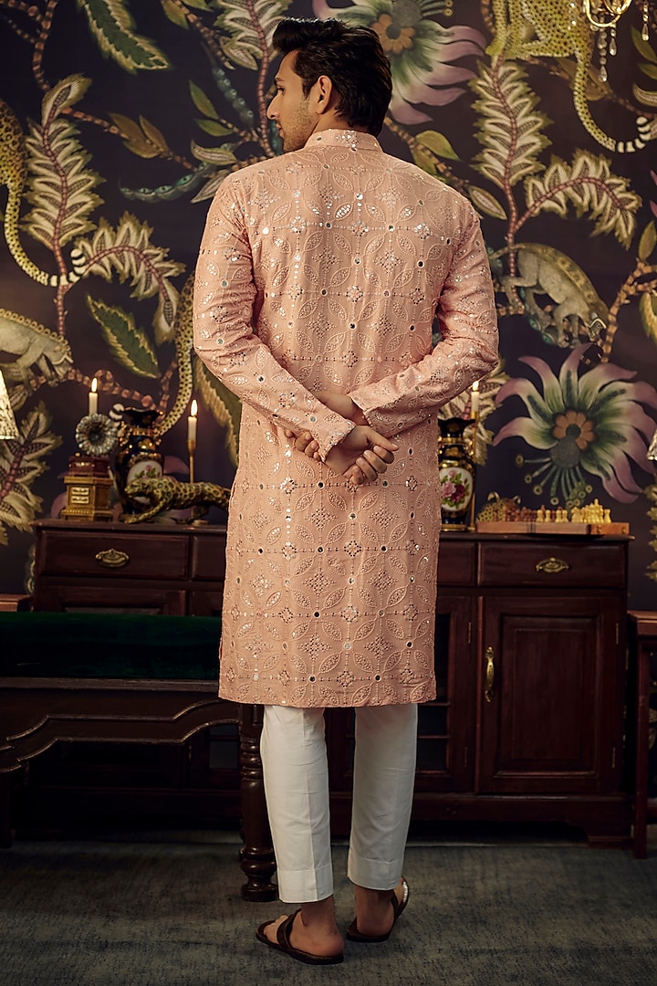 Peach Silk Mirror Work Kurta Set by Kasbah Clothing at Pernia's Pop Up Shop