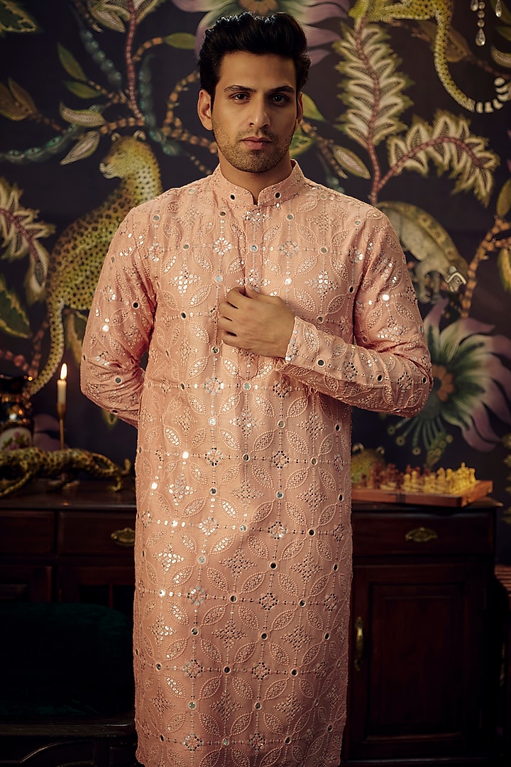 Peach Silk Mirror Work Kurta Set by Kasbah Clothing at Pernia's Pop Up Shop