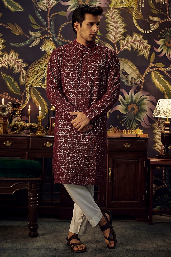 Maroon Silk Sequins Embroidered Chikankari Kurta Set by Kasbah Clothing at Pernia's Pop Up Shop