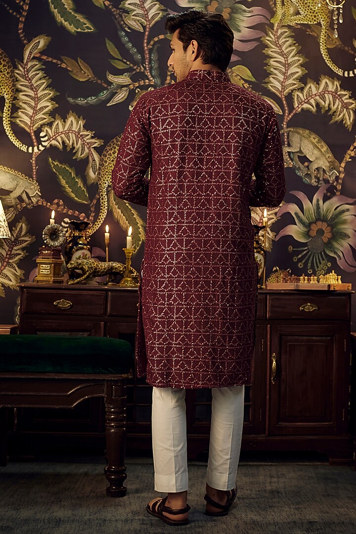 Maroon Silk Sequins Embroidered Chikankari Kurta Set by Kasbah Clothing at Pernia's Pop Up Shop