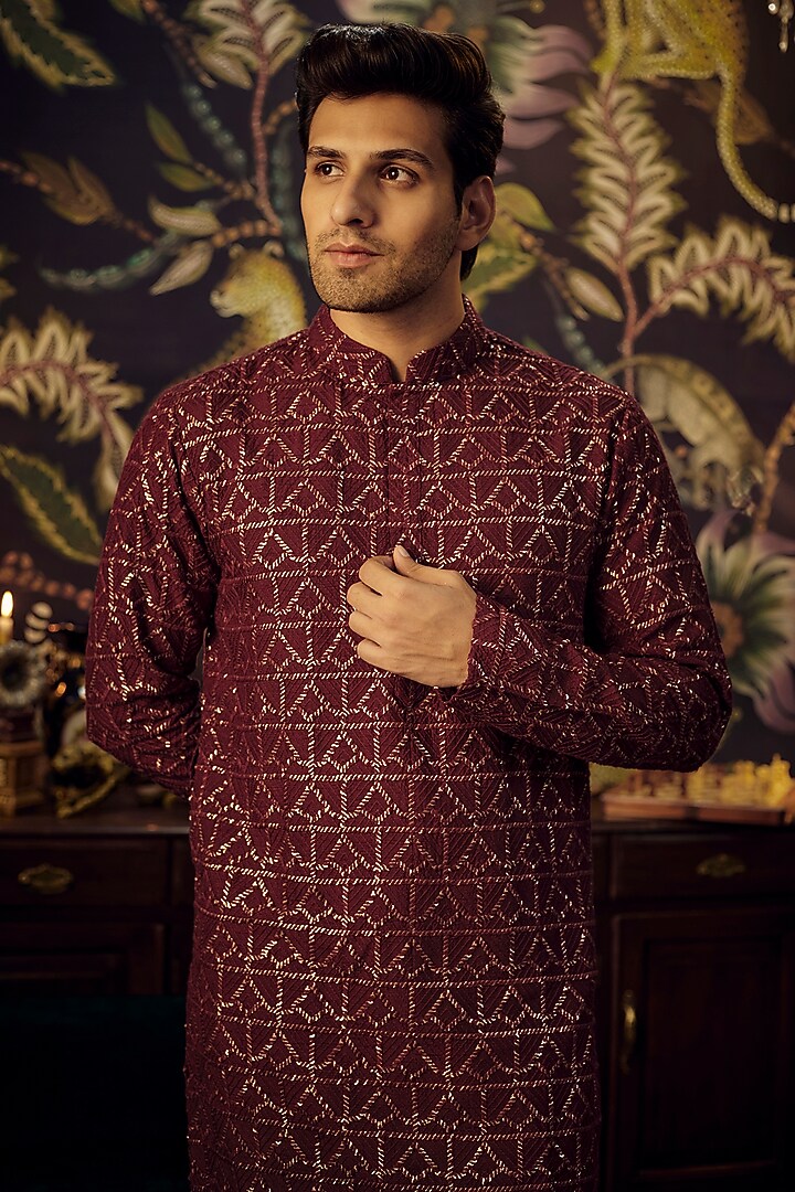 Maroon Silk Sequins Embroidered Chikankari Kurta Set by Kasbah Clothing at Pernia's Pop Up Shop