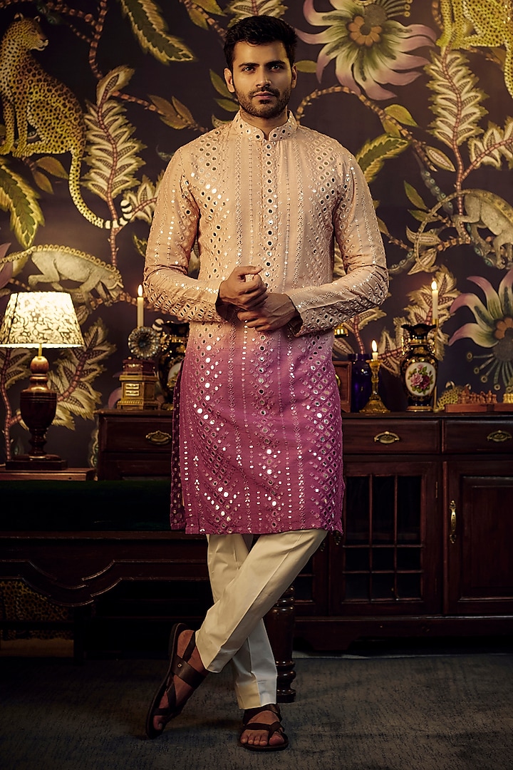 Nude-Mauve Silk Mirror Work Kurta Set by Kasbah Clothing