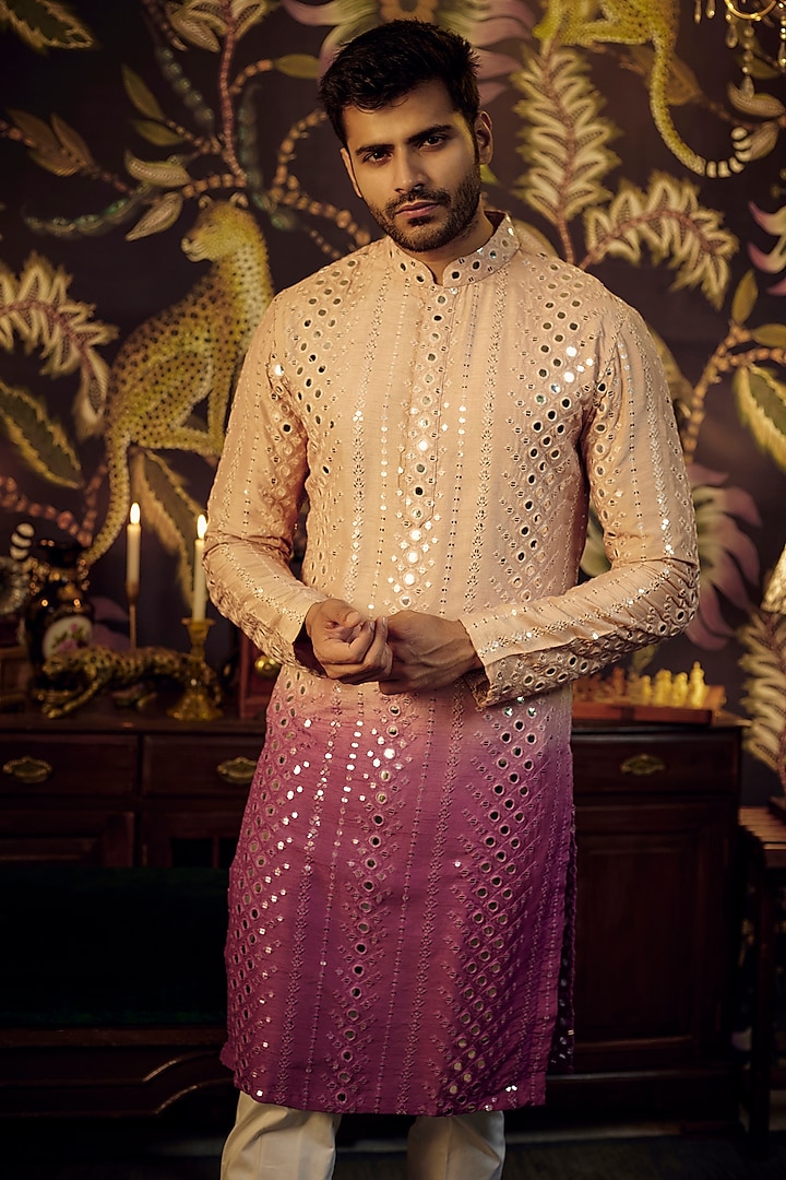 Nude-Mauve Silk Mirror Work Kurta Set by Kasbah Clothing at Pernia's Pop Up Shop