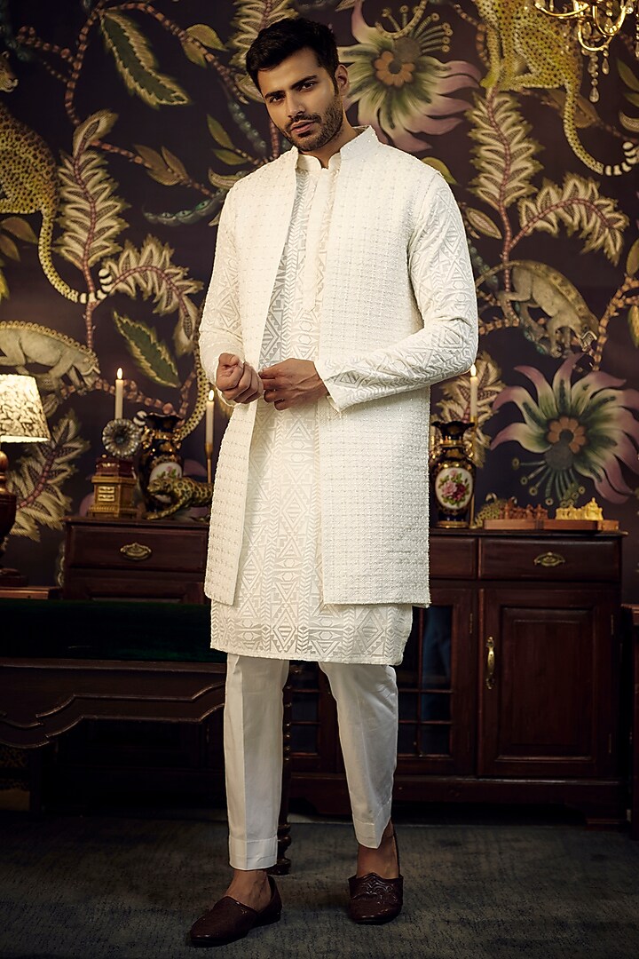 White Silk Cutdana Work Wedding Indowestern Set by Kasbah Clothing at Pernia's Pop Up Shop