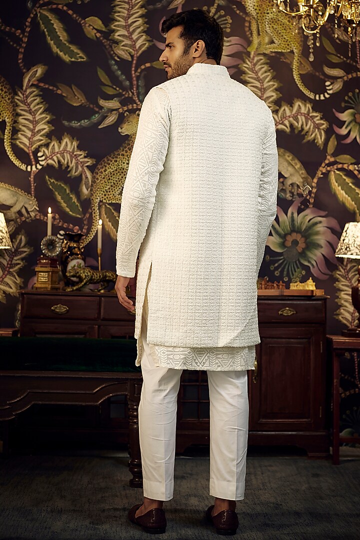 White Silk Cutdana Work Wedding Indowestern Set by Kasbah Clothing at Pernia's Pop Up Shop