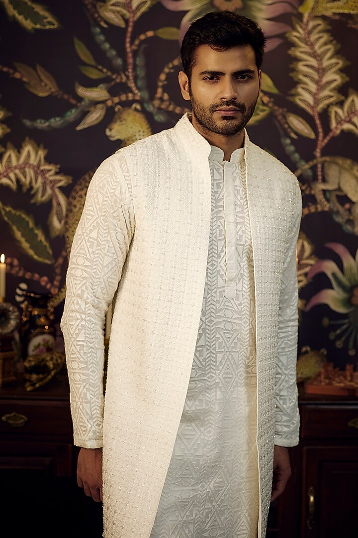 White Silk Cutdana Work Wedding Indowestern Set by Kasbah Clothing at Pernia's Pop Up Shop