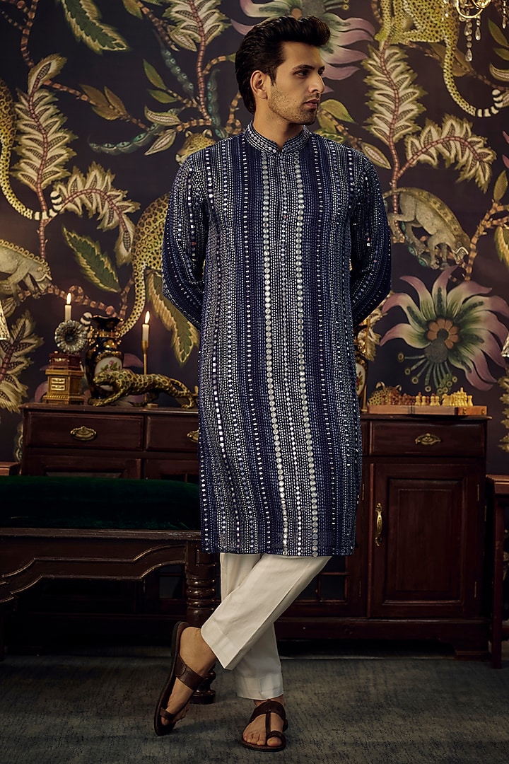 Blue Georgette Mirror Embellished Kurta Set by Kasbah Clothing at Pernia's Pop Up Shop