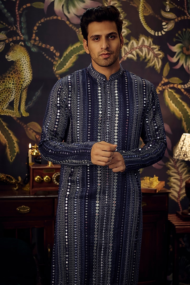 Blue Georgette Mirror Embellished Kurta Set by Kasbah Clothing at Pernia's Pop Up Shop