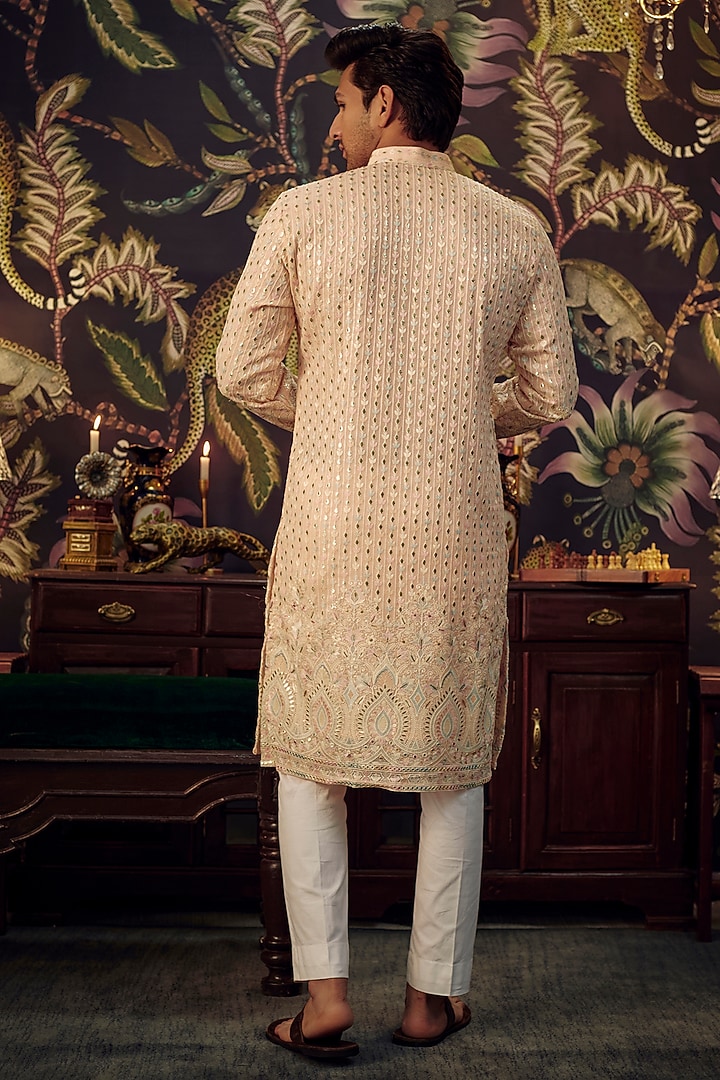 Powder Pink Georgette Thread Embroidered Chikankari Kurta Set by Kasbah Clothing at Pernia's Pop Up Shop