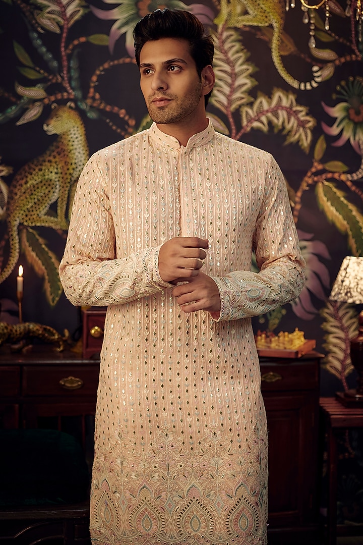 Powder Pink Georgette Thread Embroidered Chikankari Kurta Set by Kasbah Clothing at Pernia's Pop Up Shop