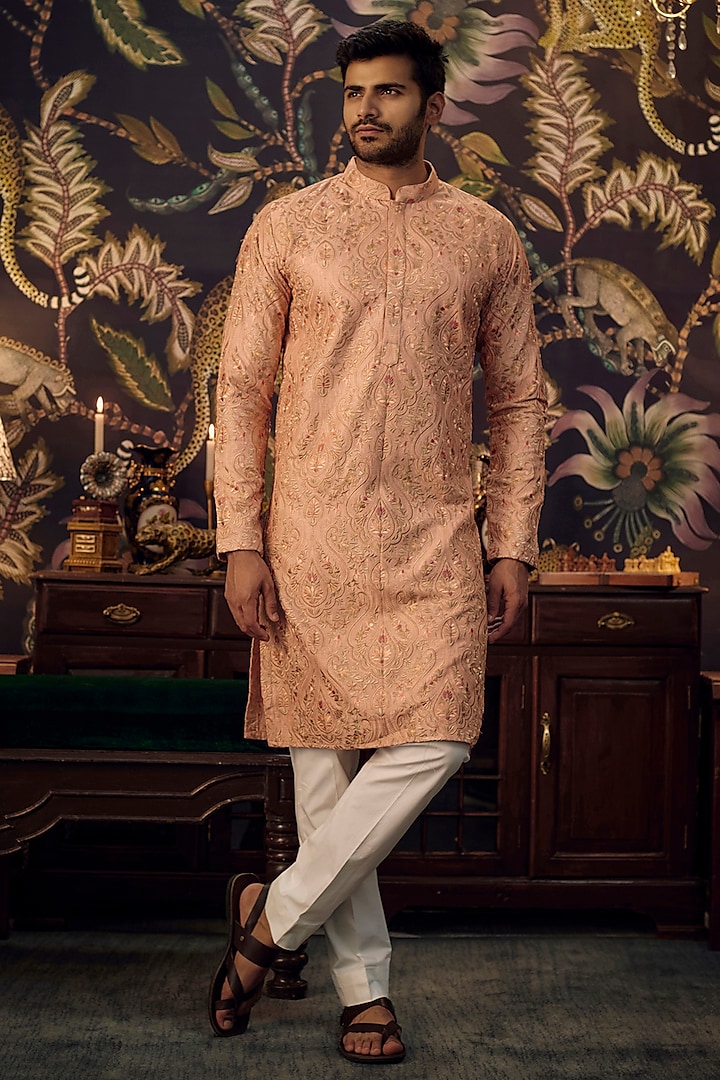 Peach Silk Threadwork Kurta Set by Kasbah Clothing