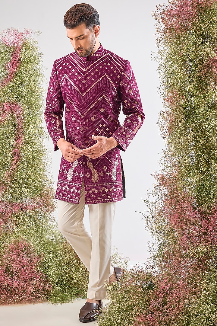 Magenta Georgette Patch Work Wedding Sherwani by Kasbah Clothing at Pernia's Pop Up Shop