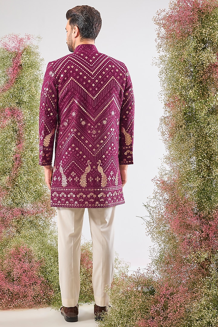 Magenta Georgette Patch Work Wedding Sherwani by Kasbah Clothing at Pernia's Pop Up Shop