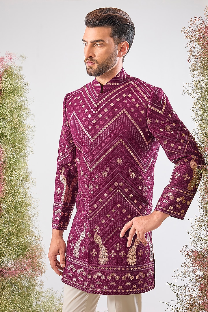 Magenta Georgette Patch Work Wedding Sherwani by Kasbah Clothing at Pernia's Pop Up Shop