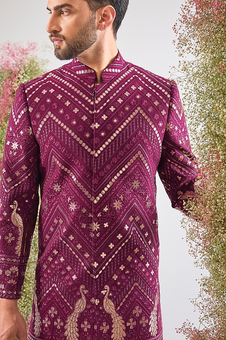 Magenta Georgette Patch Work Wedding Sherwani by Kasbah Clothing at Pernia's Pop Up Shop