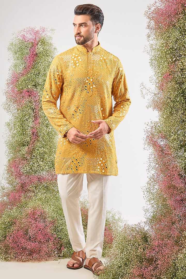 Mustard Silk Sequin & Mirror Embroidered Kurta by Kasbah Clothing at Pernia's Pop Up Shop