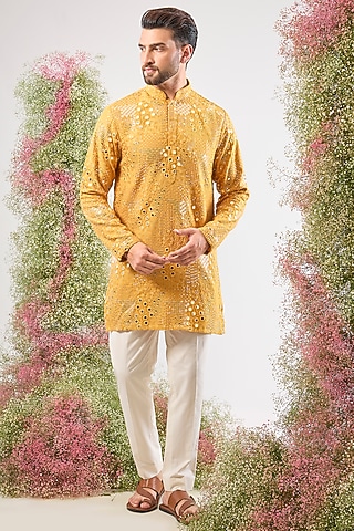 Mustard Silk Sequin & Mirror Embroidered Kurta by Kasbah Clothing