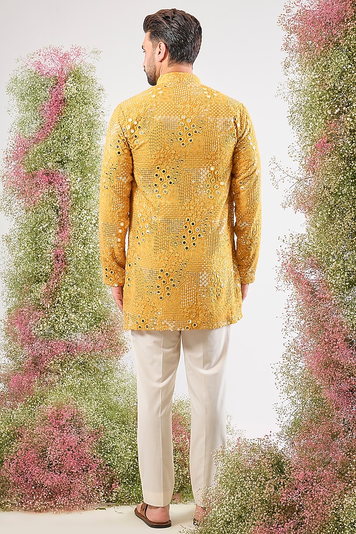 Mustard Silk Sequin & Mirror Embroidered Kurta by Kasbah Clothing at Pernia's Pop Up Shop