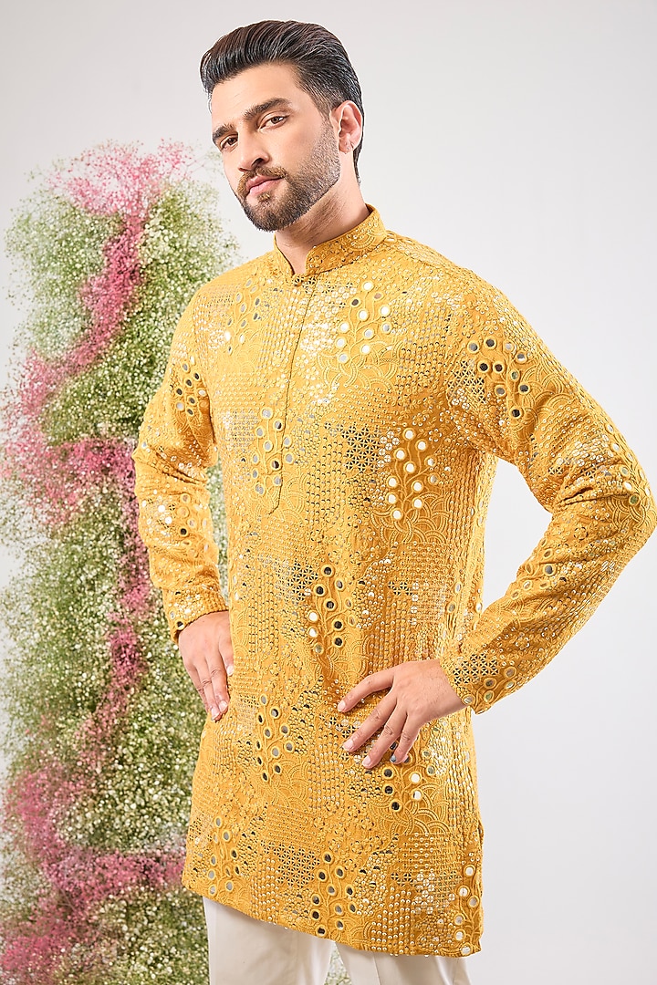 Mustard Silk Sequin & Mirror Embroidered Kurta by Kasbah Clothing at Pernia's Pop Up Shop