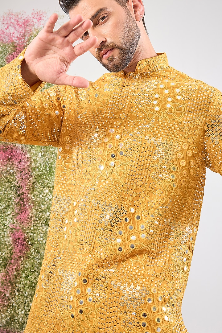 Mustard Silk Sequin & Mirror Embroidered Kurta by Kasbah Clothing at Pernia's Pop Up Shop