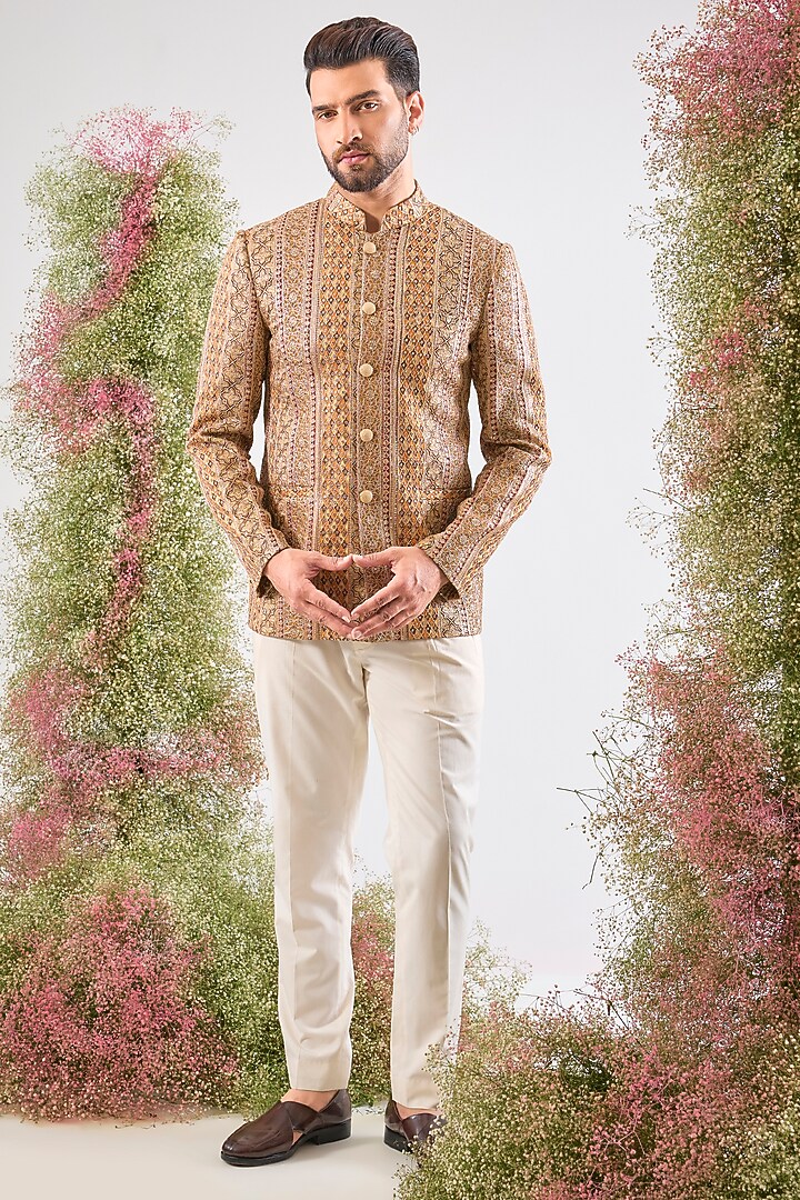 Multi-Colored Georgette Zari Work Wedding Bandhgala by Kasbah Clothing at Pernia's Pop Up Shop