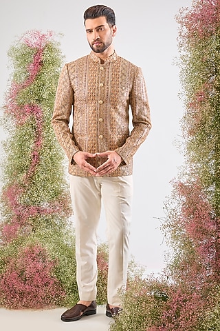 Multi-Colored Georgette Zari Work Bandhgala by Kasbah Clothing