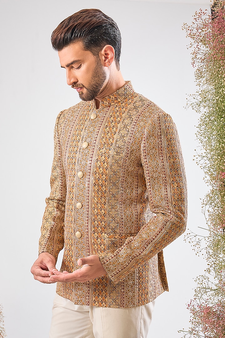 Multi-Colored Georgette Zari Work Wedding Bandhgala by Kasbah Clothing at Pernia's Pop Up Shop