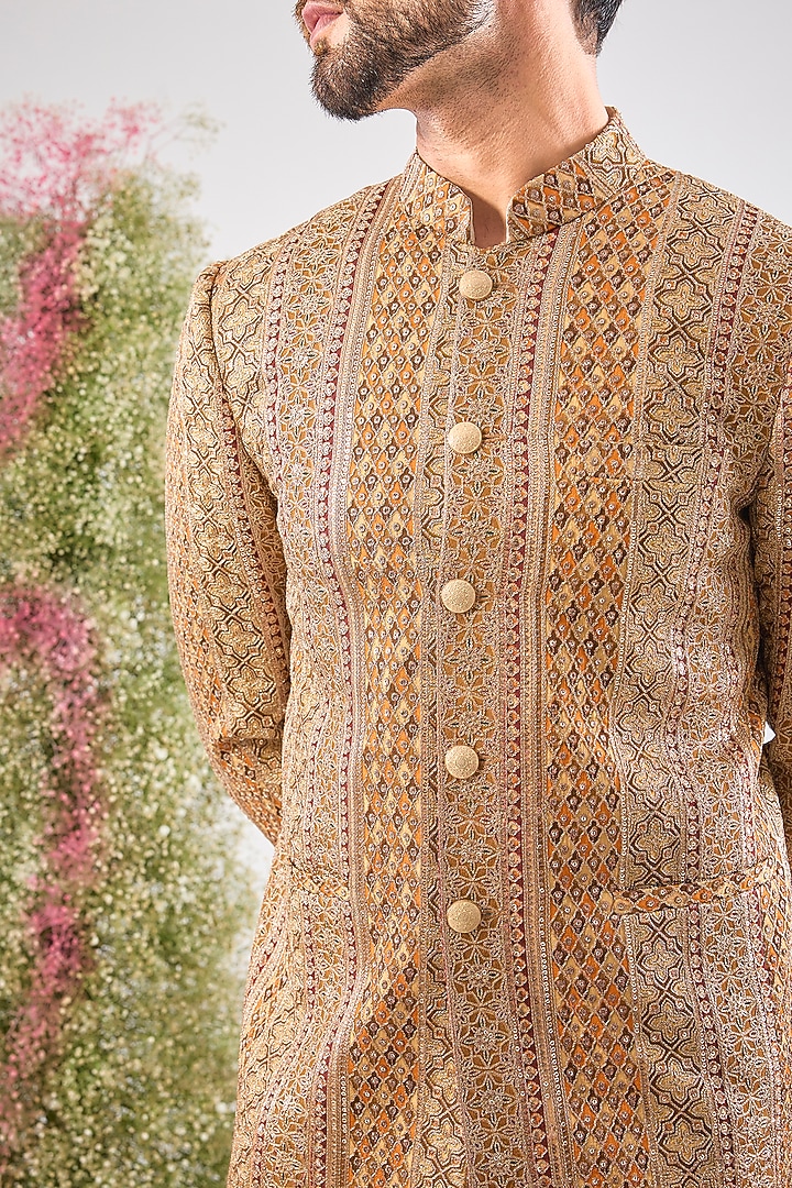 Multi-Colored Georgette Zari Work Wedding Bandhgala by Kasbah Clothing at Pernia's Pop Up Shop