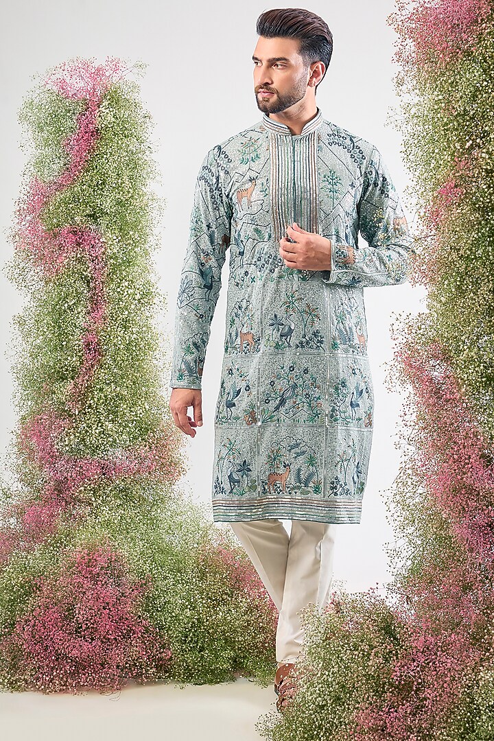 Blue Georgette Floral Embroidered Kurta by Kasbah Clothing at Pernia's Pop Up Shop