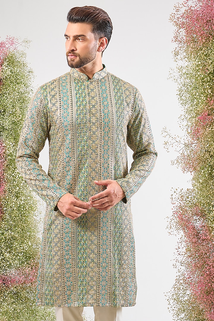 Turquoise Georgette Sequin Embroidered Kurta by Kasbah Clothing at Pernia's Pop Up Shop