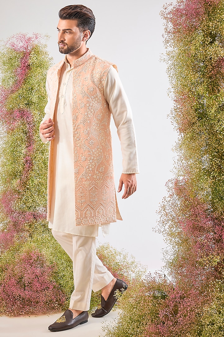 Pink Georgette Cutdana Embroidered Jacket by Kasbah Clothing at Pernia's Pop Up Shop