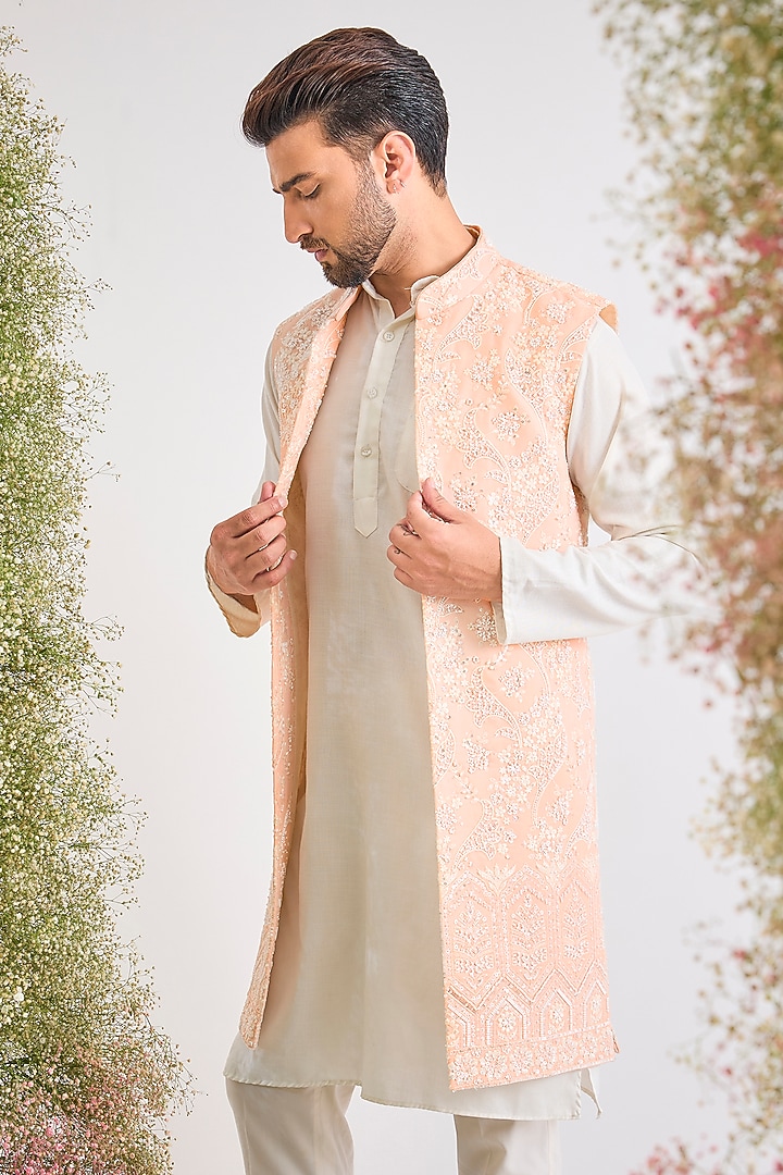 Pink Georgette Cutdana Embroidered Jacket by Kasbah Clothing at Pernia's Pop Up Shop