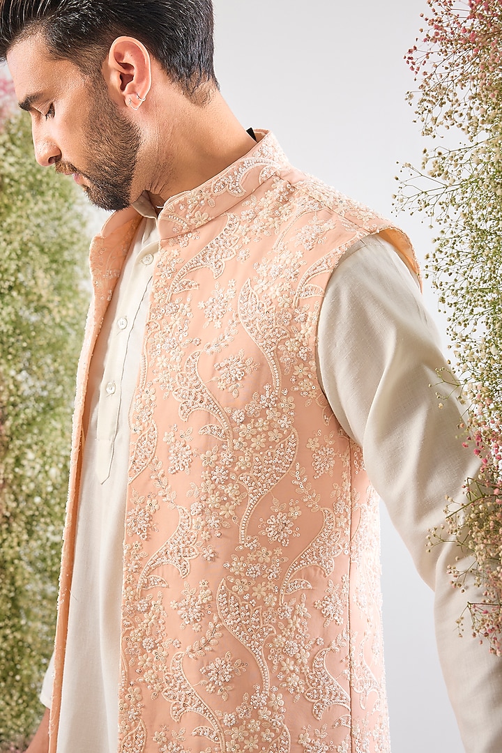 Pink Georgette Cutdana Embroidered Jacket by Kasbah Clothing at Pernia's Pop Up Shop