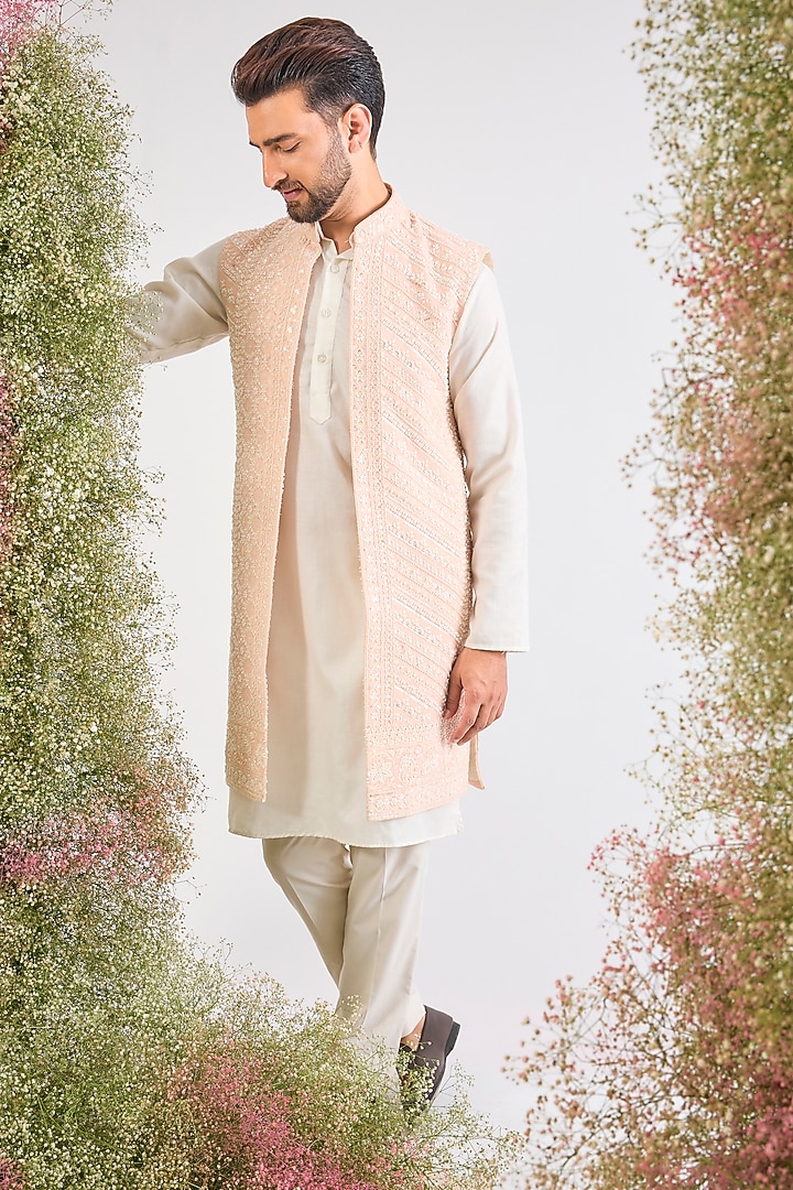 Pink Georgette Cutdana Embroidered Jacket by Kasbah Clothing at Pernia's Pop Up Shop