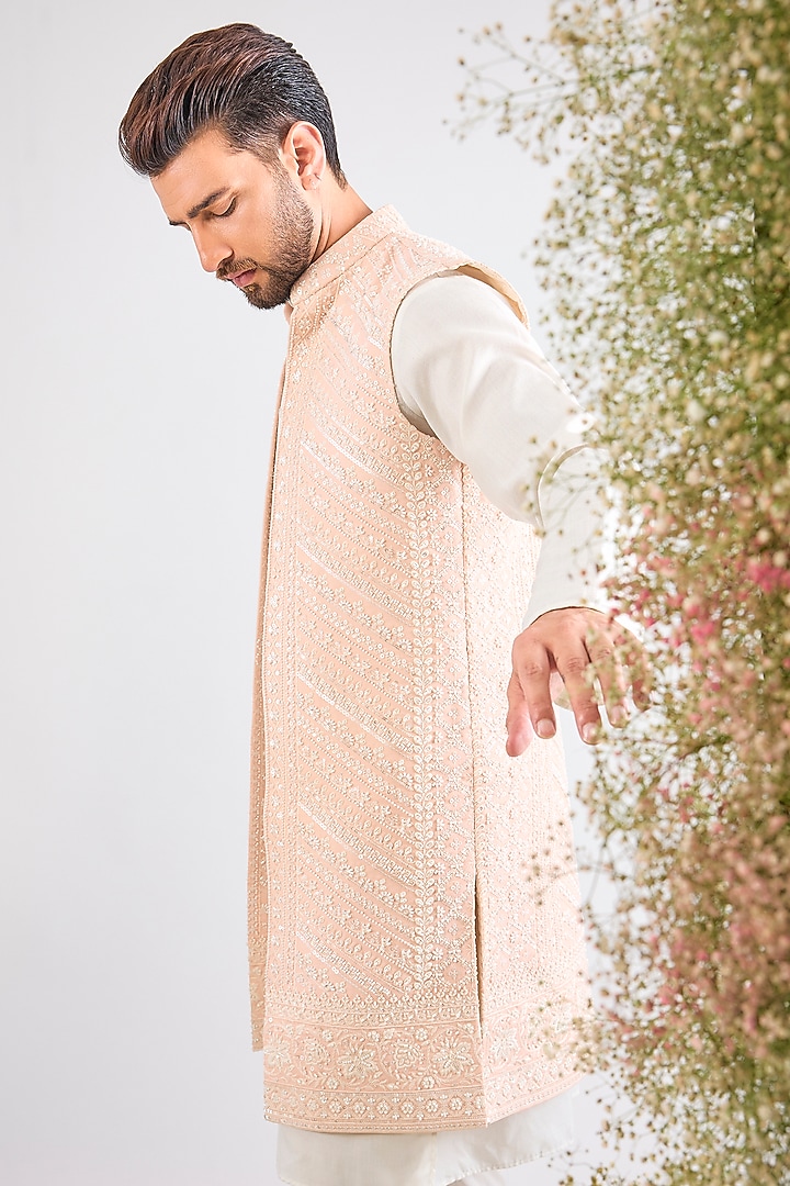 Pink Georgette Cutdana Embroidered Jacket by Kasbah Clothing at Pernia's Pop Up Shop
