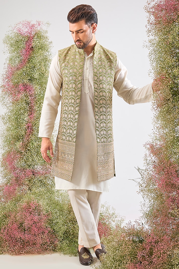 Green Georgette Zari Embroidered Jacket by Kasbah Clothing at Pernia's Pop Up Shop