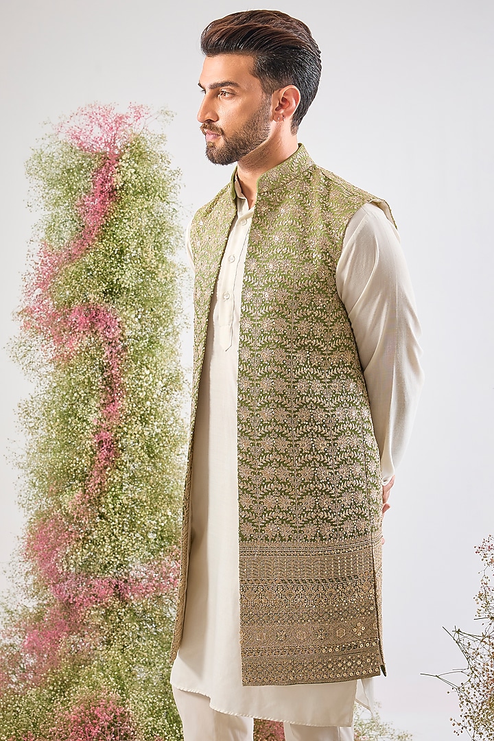 Green Georgette Zari Embroidered Jacket by Kasbah Clothing at Pernia's Pop Up Shop