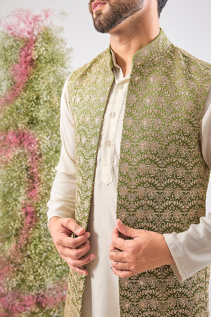 Green Georgette Zari Embroidered Jacket by Kasbah Clothing at Pernia's Pop Up Shop