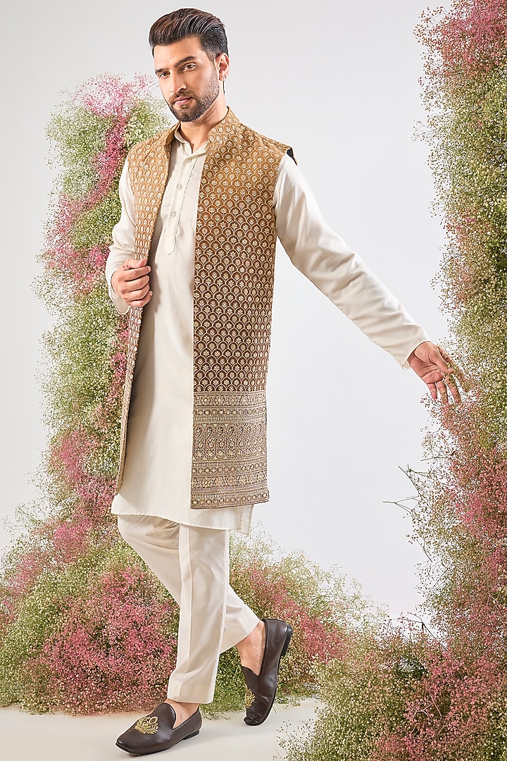 Gold Georgette Zari Embroidered Jacket by Kasbah Clothing at Pernia's Pop Up Shop