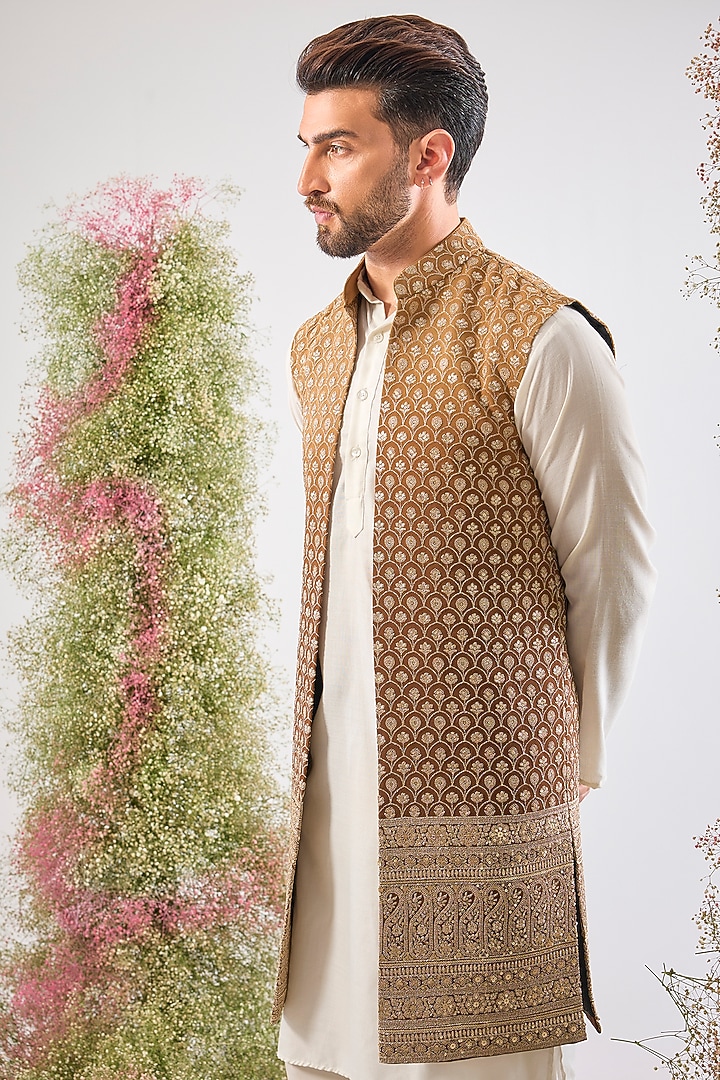 Gold Georgette Zari Embroidered Jacket by Kasbah Clothing at Pernia's Pop Up Shop