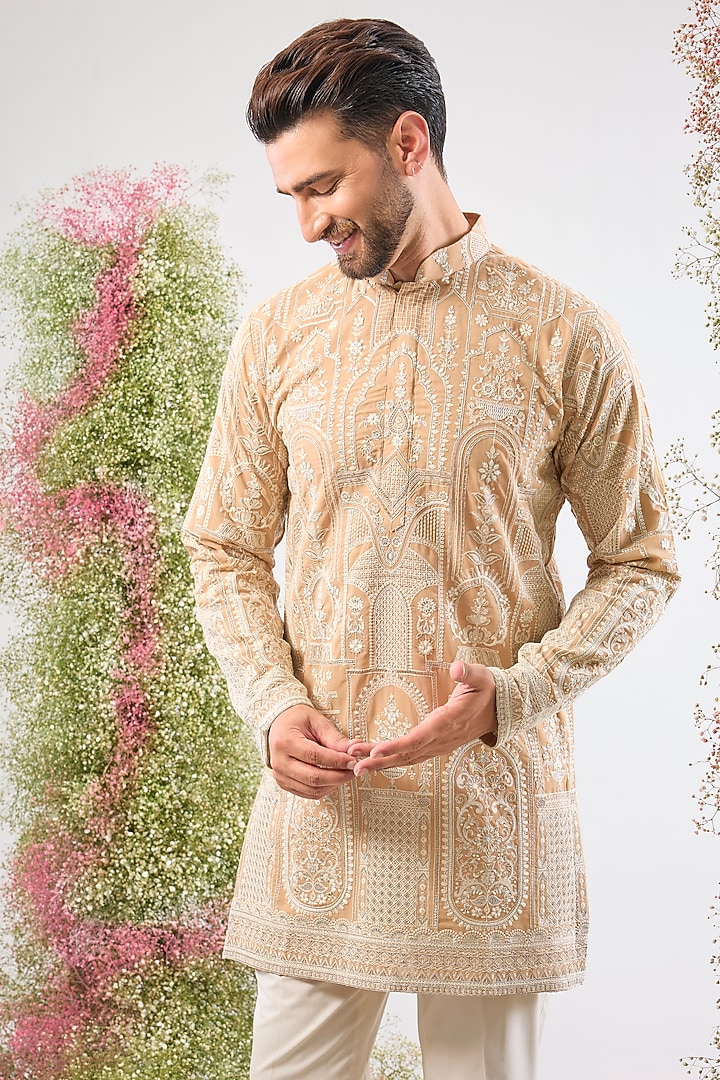 Beige Georgette Kashmiri Thread Work Short Kurta by Kasbah Clothing at Pernia's Pop Up Shop