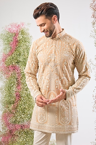 Beige Georgette Kashmiri Thread Work Short Kurta by Kasbah Clothing